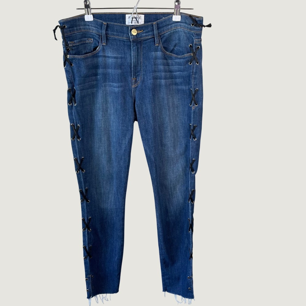 RAME Le Skinny De Jeanne Lace Up Side Jeans Medium Wash Grommet Raw Hem Size 30